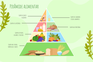 Estrutura completa da pirâmide alimentar com os quatro grupos alimentares: base com cereais e pães, segundo nível com frutas e vegetais, terceiro nível com proteínas, e topo com óleos e açúcares.