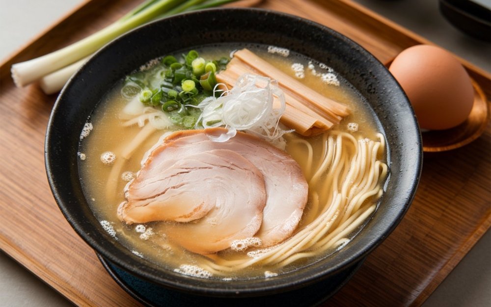 lamen tradicional com fatia de chashu, menma e cebolinha em caldo claro