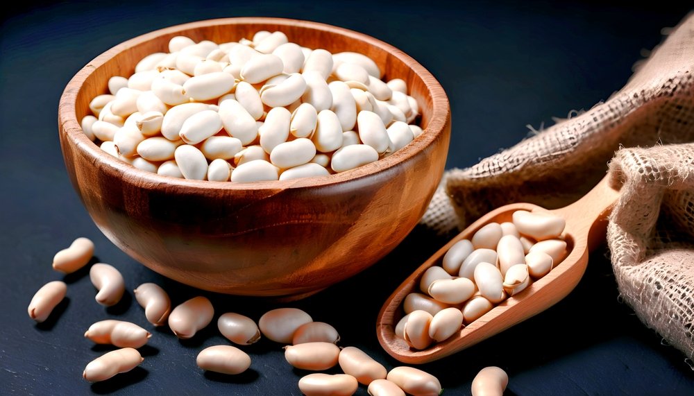 Tigela e colher de madeira cheias de feijão-branco cru sobre fundo escuro, destacando tipo de feijão para sopas e saladas