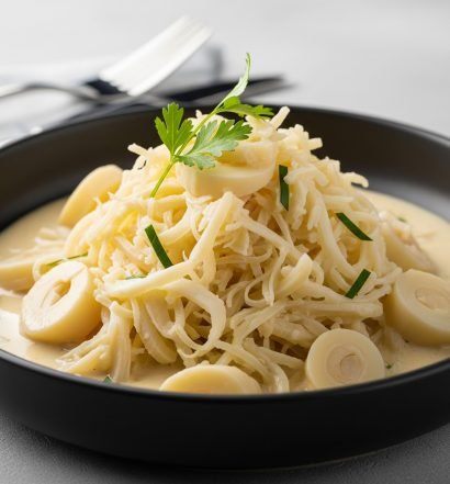 Prato de fricassê de palmito cremoso com ervas