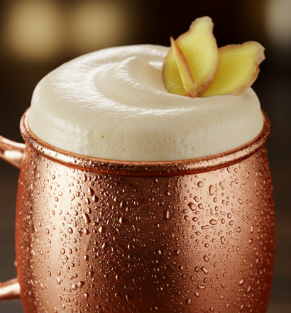 Copo de cobre com espuma cremosa e decoração com gengibre. Apresentação de espuma de gengibre caseira