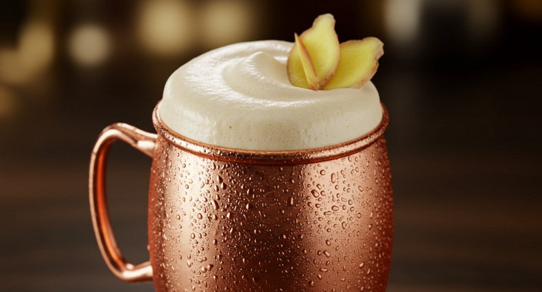 Copo de cobre com espuma cremosa e decoração com gengibre. Apresentação de espuma de gengibre caseira