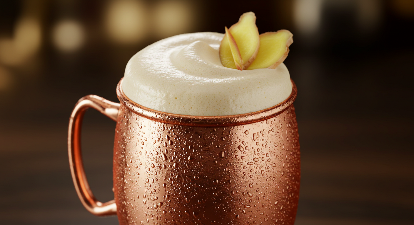 Copo de cobre com espuma cremosa e decoração com gengibre. Apresentação de espuma de gengibre caseira