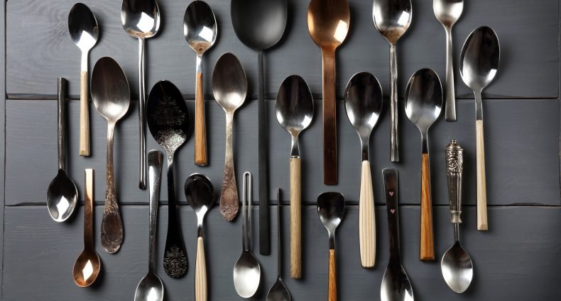 Diferentes tipos de colheres dispostas sobre uma mesa