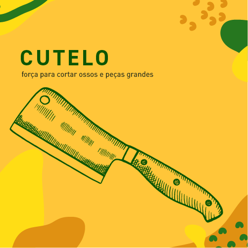 Ilustração de cutelo em fundo amarelo — força para cortar ossos e peças grandes