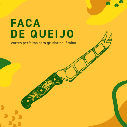 Ilustração de faca de queijo com lâmina perfurada e garfo em fundo amarelo — evita grudar na lâmina
