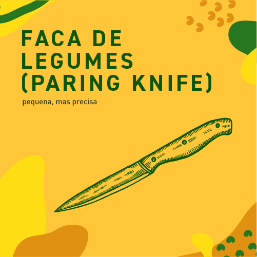 Ilustração de faca de legumes (paring knife) em fundo amarelo — pequena e precisa para descascar