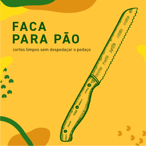 lustração de faca para pão serrilhada em fundo amarelo com texto "Faca para pão - cortes limpos"