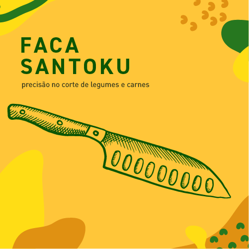 Ilustração de faca santoku em fundo amarelo com texto "Faca Santoku - precisão no corte de legumes e carnes"