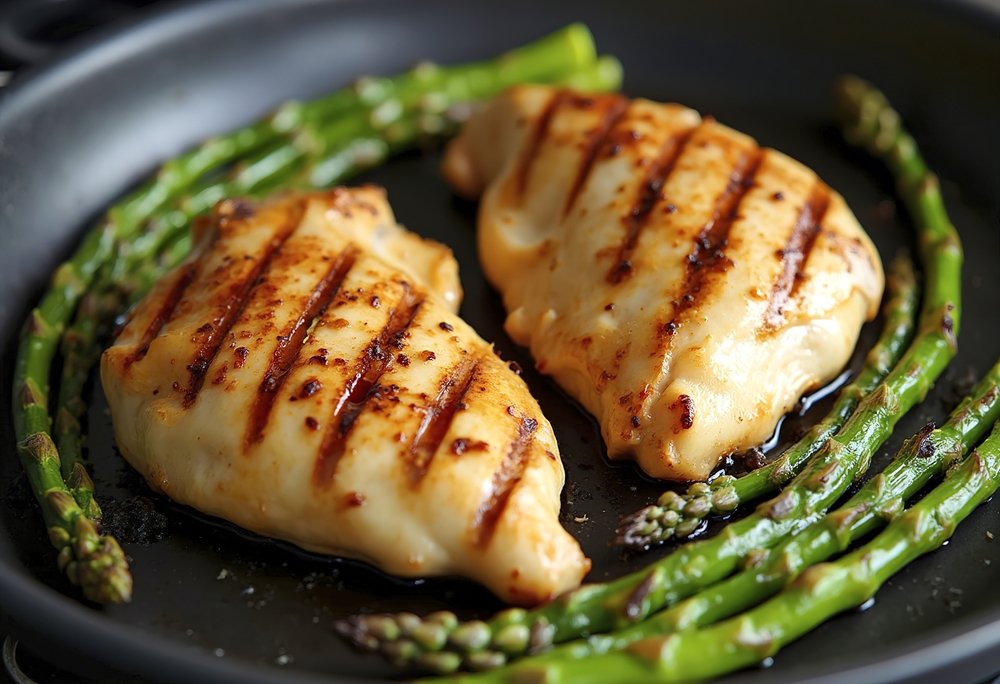 Peito de frango grelhado servido com aspargos — proteína magra saudável