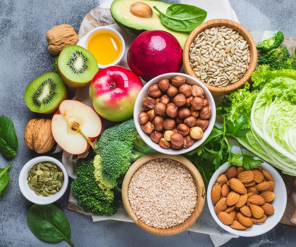 Mesa com frutas, oleaginosas, sementes e vegetais — ingredientes saudáveis e variados