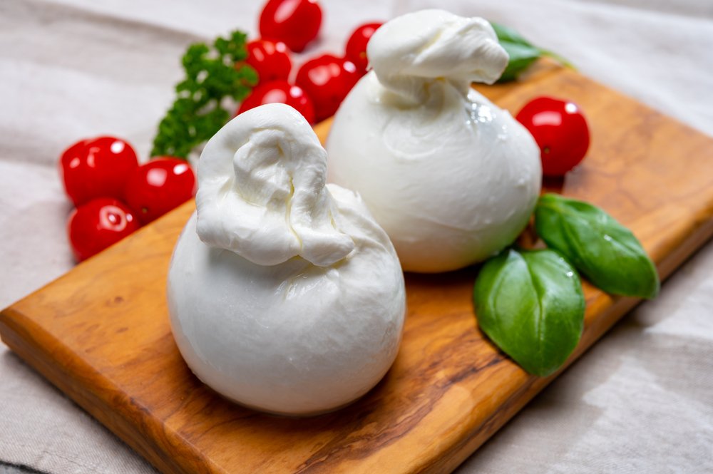 Bolas de queijo de búfala fresco em prato com tomates e manjericão