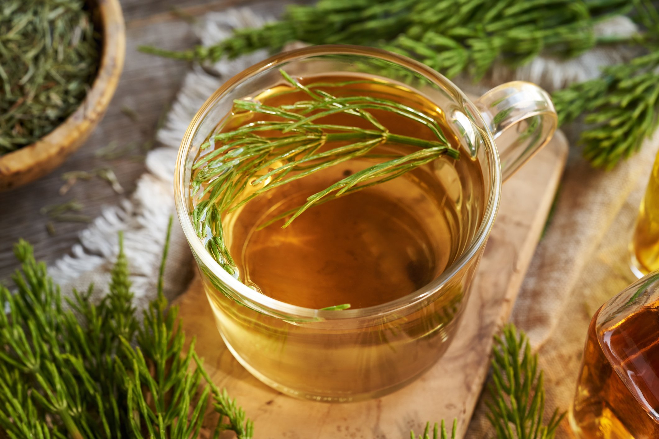 Chá de cavalinha em xícara de vidro com ramos frescos e secos, para desinchar.