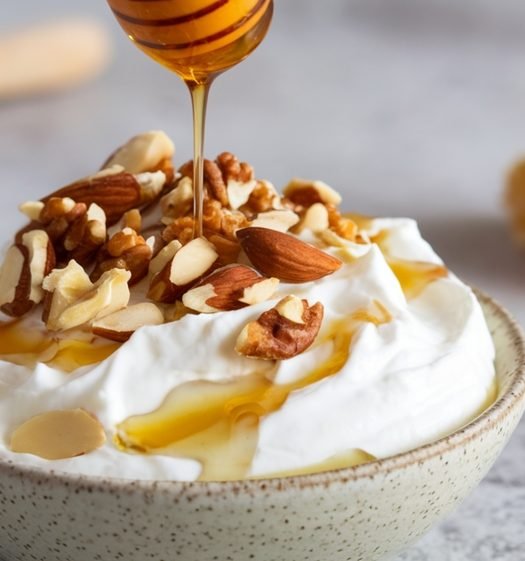Iogurte grego cremoso com granola de nozes, mel derramado e waffle em tigela branca, alimento probiótico para melhorar a digestão