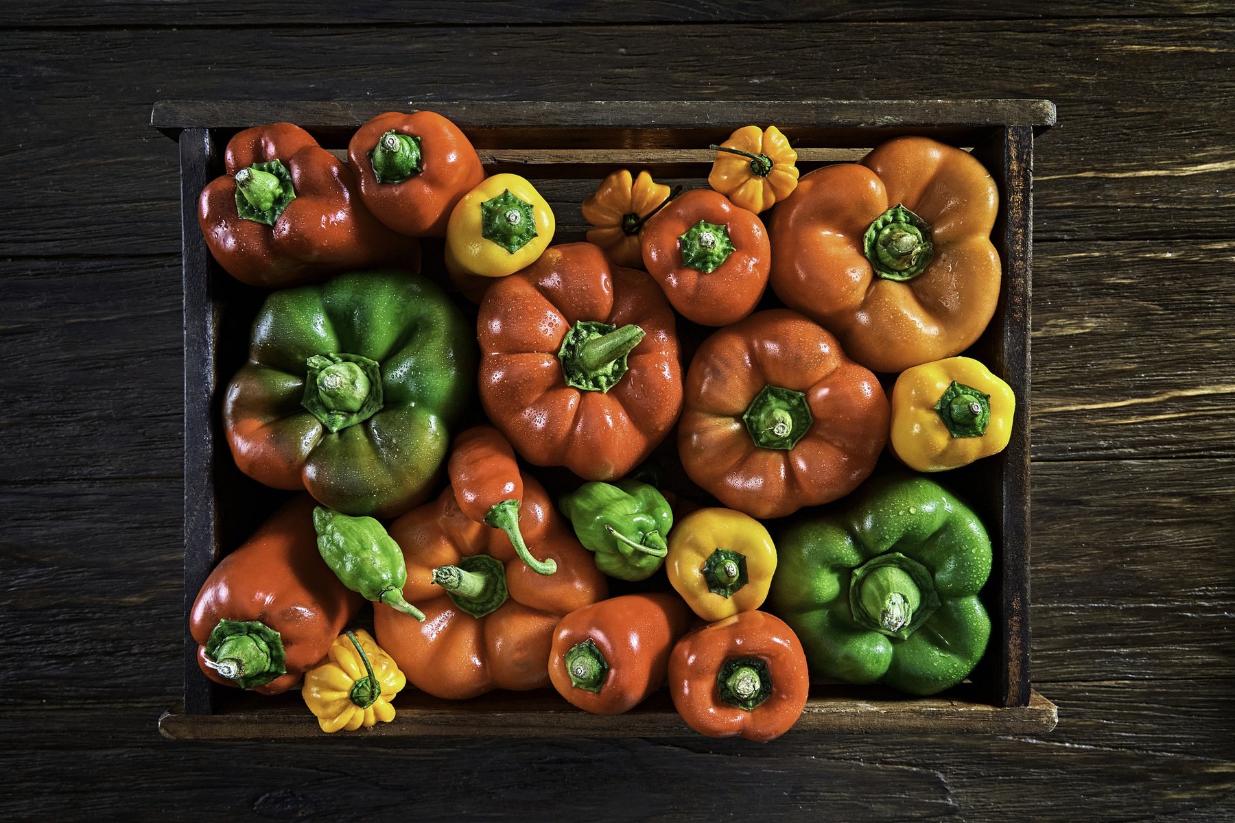 Variedade de pimentões frescos vermelhos, amarelos e verdes em caixa de madeira