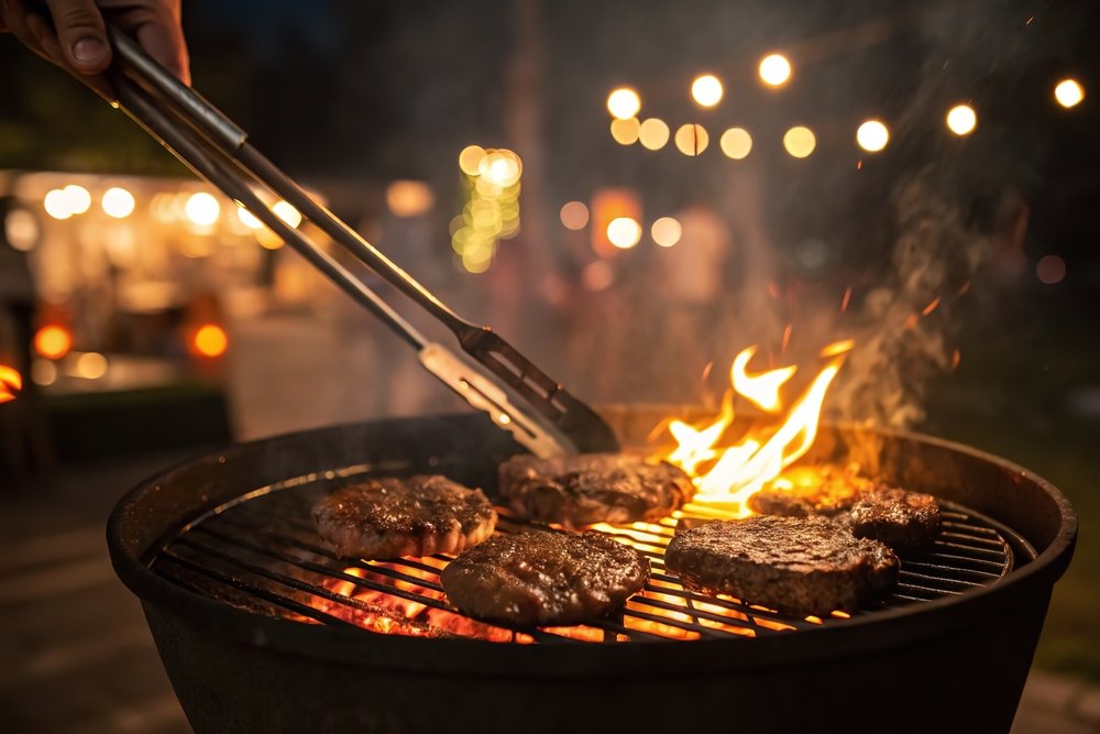 Churrasqueira redonda com hambúrgueres e bifes sendo grelhados à noite com luzes ao fundo