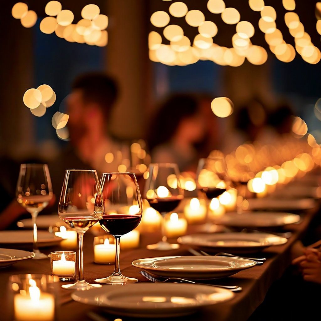 Mesa de jantar elegante decorada com velas, taças de vinho e luzes bokeh ao fundo, ilustrando etiqueta à mesa e regras básicas para festas de fim de ano.