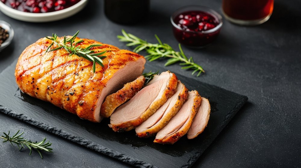 Prato principal de ceia de Natal simples com carne assada fatiada, ervas frescas e molhos para impressionar os convidados