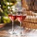 Duas taças de vinho rosé gelado sobre mesa ao ar livre, iluminadas pelo sol, representando vinhos leves e refrescantes para o verão.
