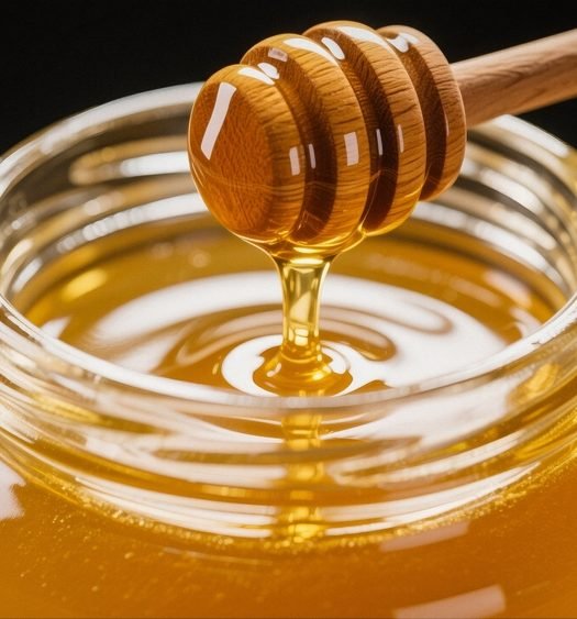 Close de um pegador de mel de madeira (dipper) posicionado sobre a boca de um pote de vidro, com mel viscoso e brilhante escorrendo.