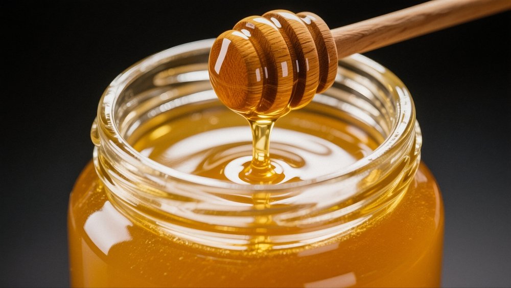 Close de um pegador de mel de madeira (dipper) posicionado sobre a boca de um pote de vidro, com mel viscoso e brilhante escorrendo.