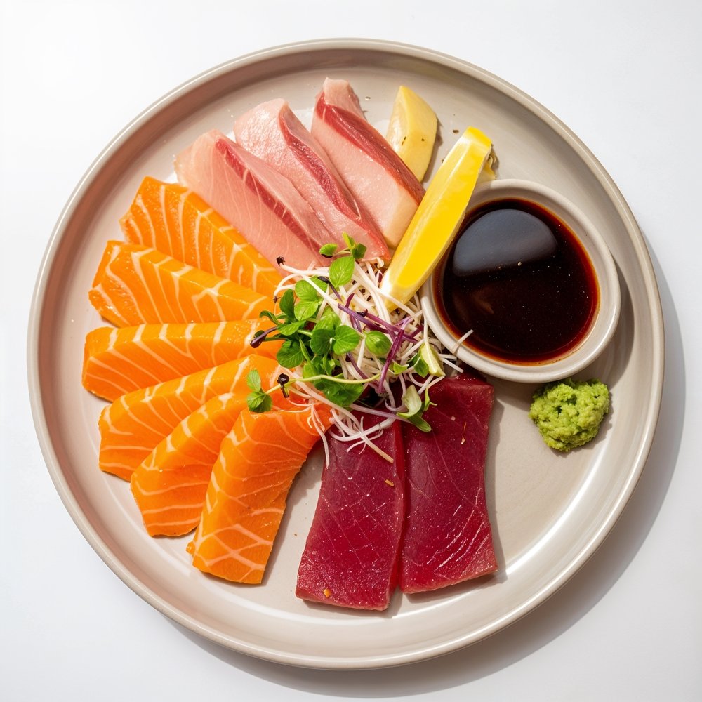 Prato de sashimi com salmão e atum, molho shoyu, wasabi e limão — qualidade e rastreabilidade de pescados do mar à mesa.