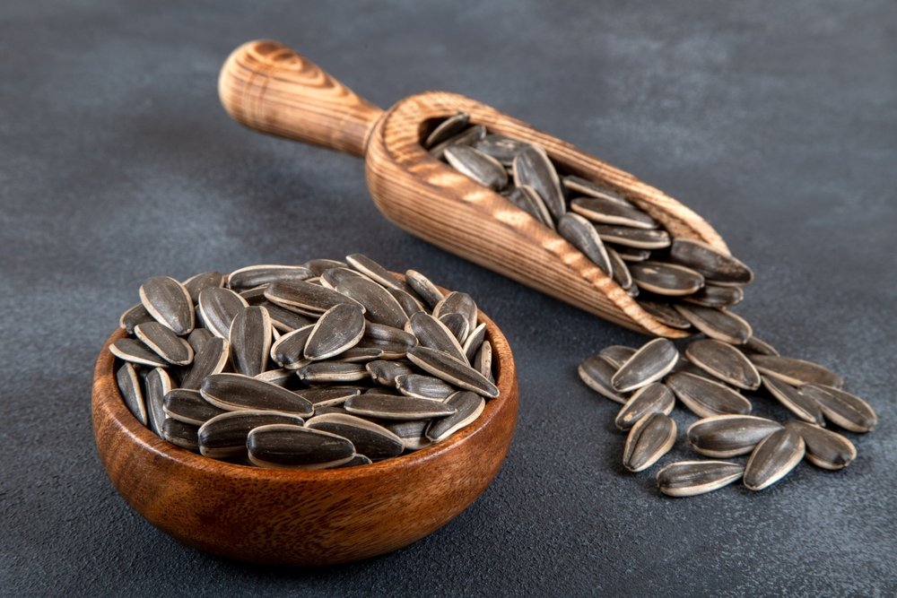 Sementes de girassol com casca listrada em um pequeno bowl de madeira e uma pá de cereais ao lado, sobre fundo cinza.